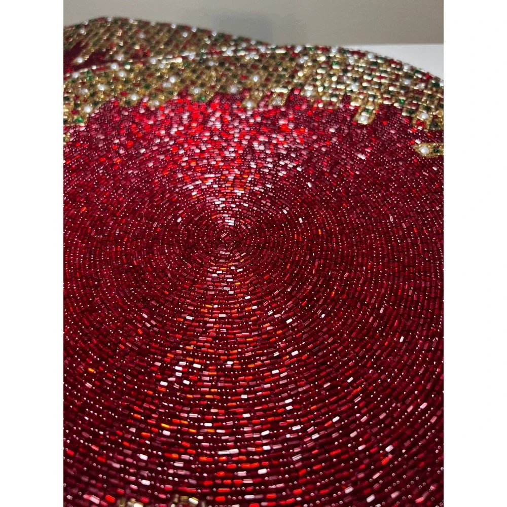 Kim Seybert Beaded Christmas Charger Placemats Set of 2 Red Gold Green 15in